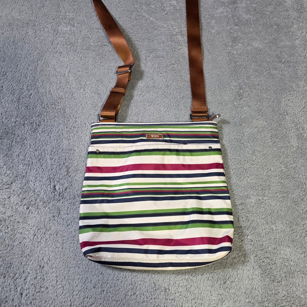 Tumi Womens Medium Crossbody Bag Multi Color Striped Nylon Slim Messenger